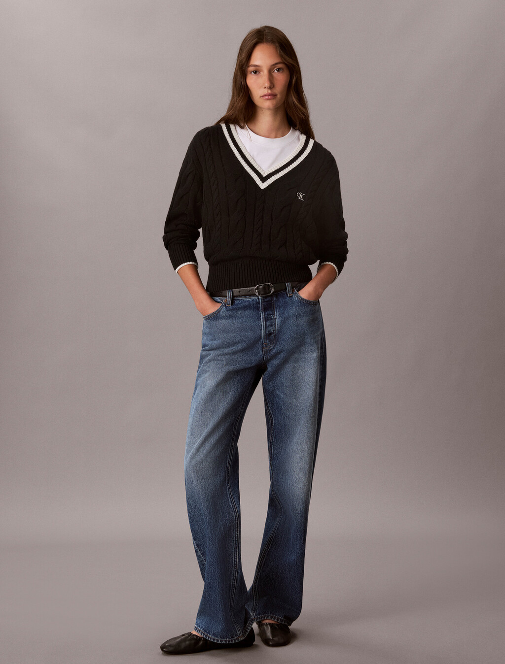 Cable Knit V-Neck Sweater, Black, hi-res