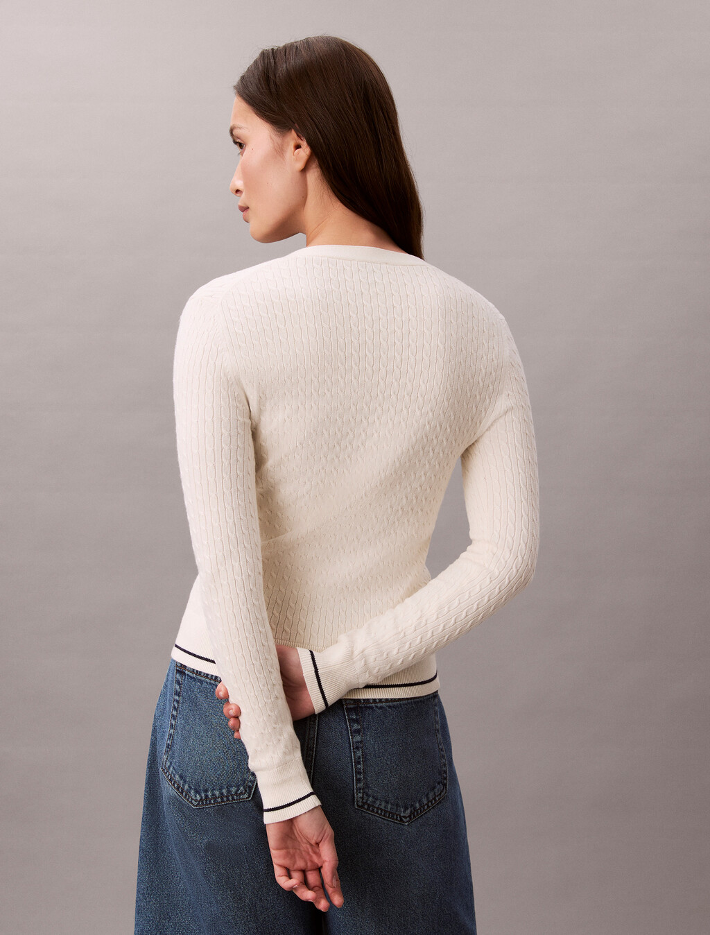 Slim Cable Knit Cardigan, Tofu, hi-res