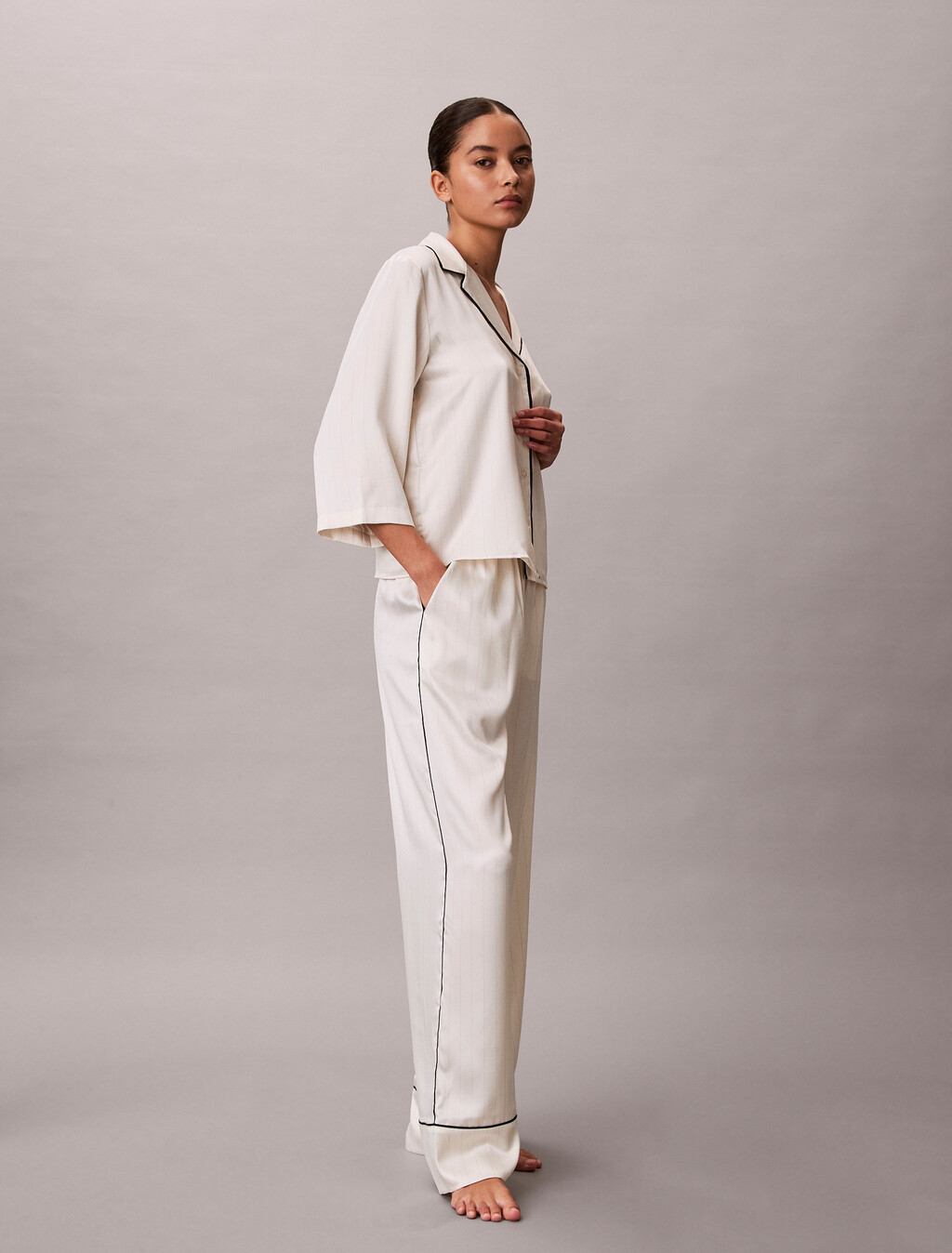 Satin Sheen Short Sleeve Shirt, DOTTED LOGO PINSTRIPE IVORY, hi-res