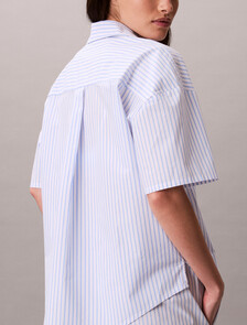 Cotton Poplin Pyjama Button-Down Shirt, SERA STRIPE BLUE DESCENT, hi-res