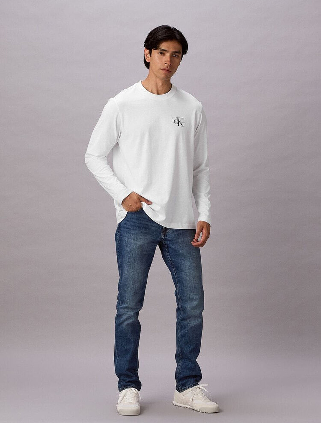 Distressed Monogram Long Sleeve Tee, Bright White, hi-res