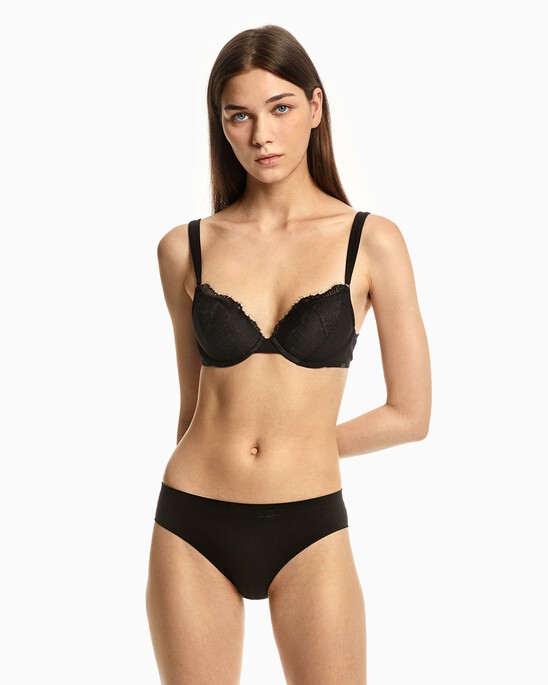 CK Black Linear Lace Push Up Plunge Bra