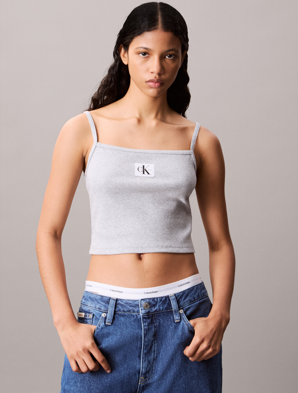 Woven CK Monogram Label Rib Knit Camisole, BC06 Grey Heather, hi-res