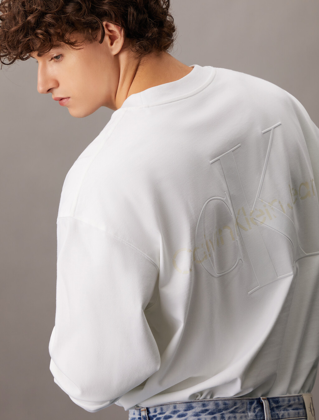 Embossed Logo Relaxed Long Sleeve Tee, Bright White, hi-res