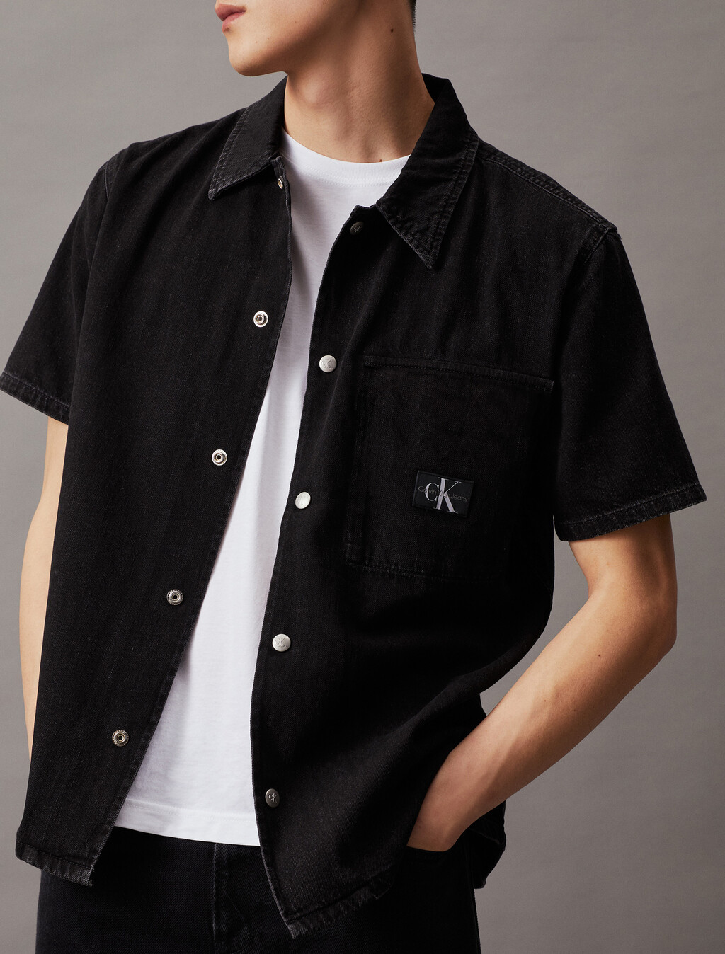 Denim Short Sleeve Shirt, Denim Black, hi-res