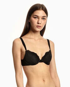 CK BLACK LINEAR LACE PUSH UP PLUNGE BRA, Black, hi-res
