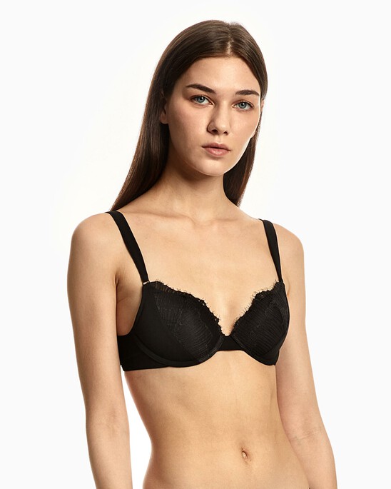 CK Black Linear Lace Push Up Plunge Bra