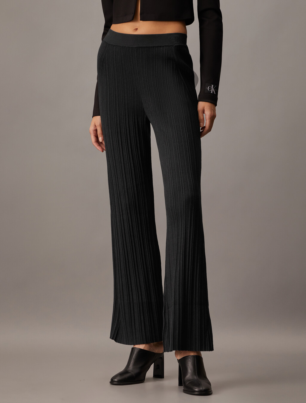 High Rise Slim Rib Knit Pants, Ck Black, hi-res