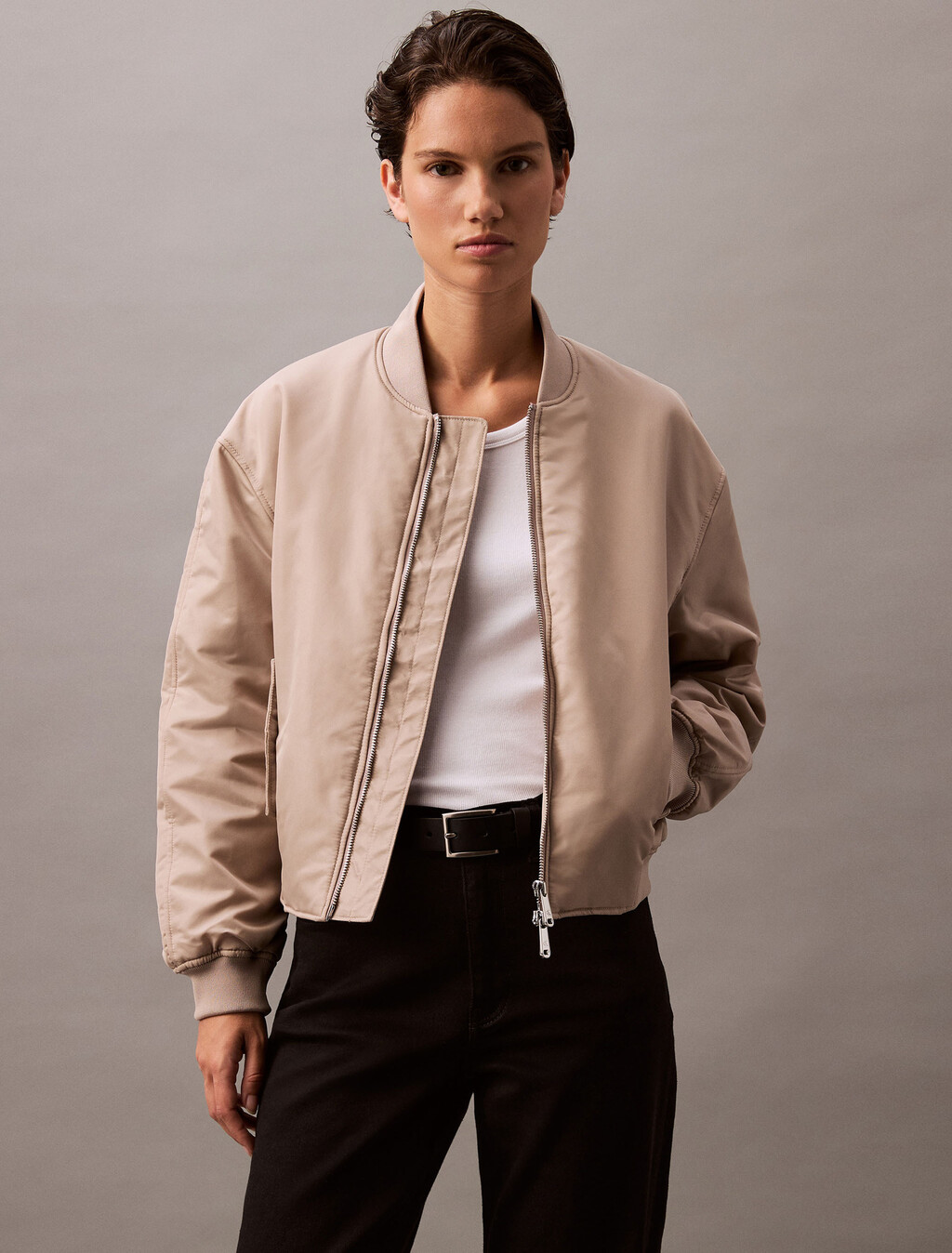 Padded Nylon Bomber Jacket, Goat, hi-res