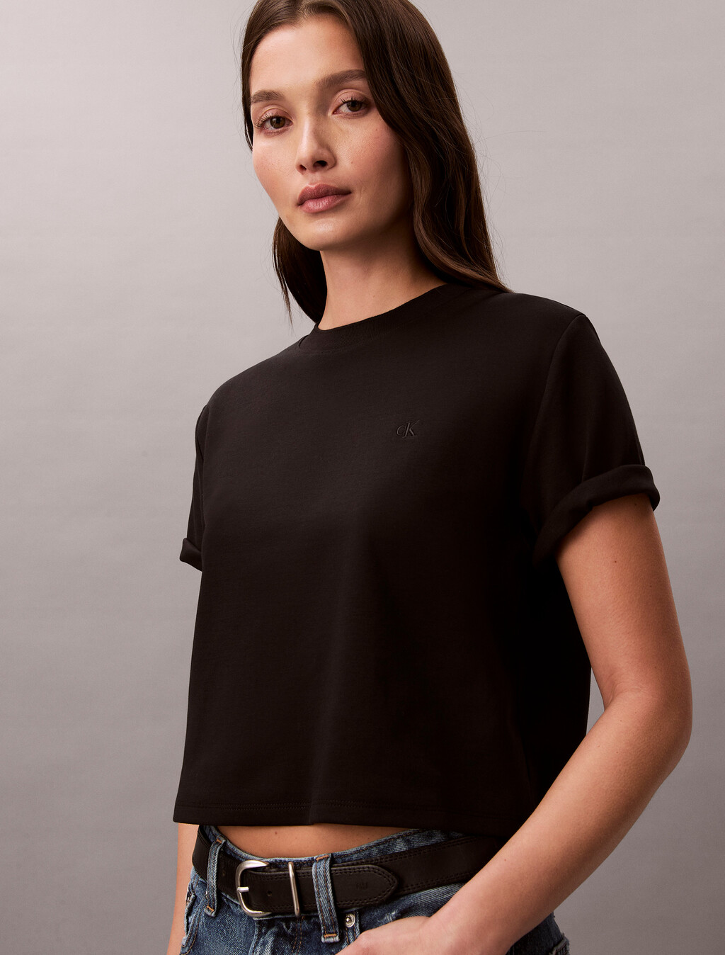 Monogram Cropped Double Knit Tee, Black, hi-res
