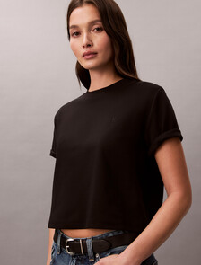 Monogram Cropped Double Knit Tee, Black, hi-res