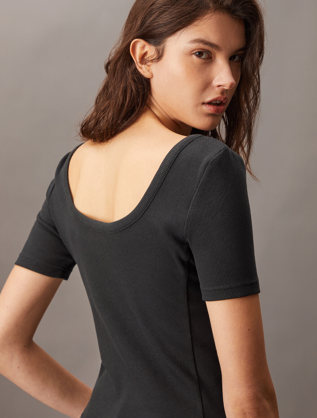 Casual Scoop Neck Rib Knit Tee, Black, hi-res