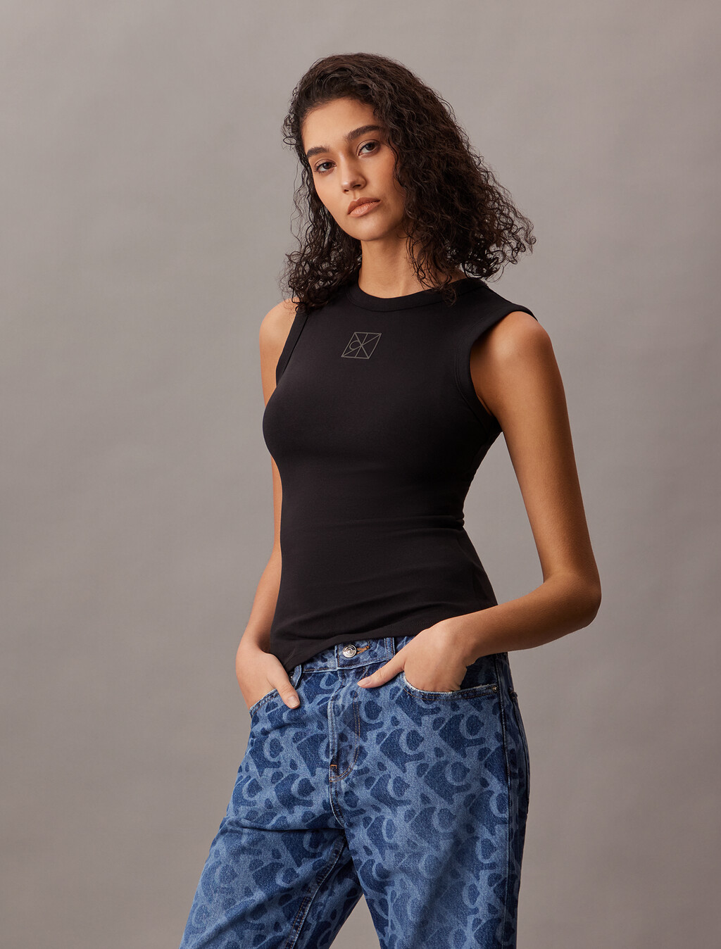 Ribbed Tank Top, Black, hi-res