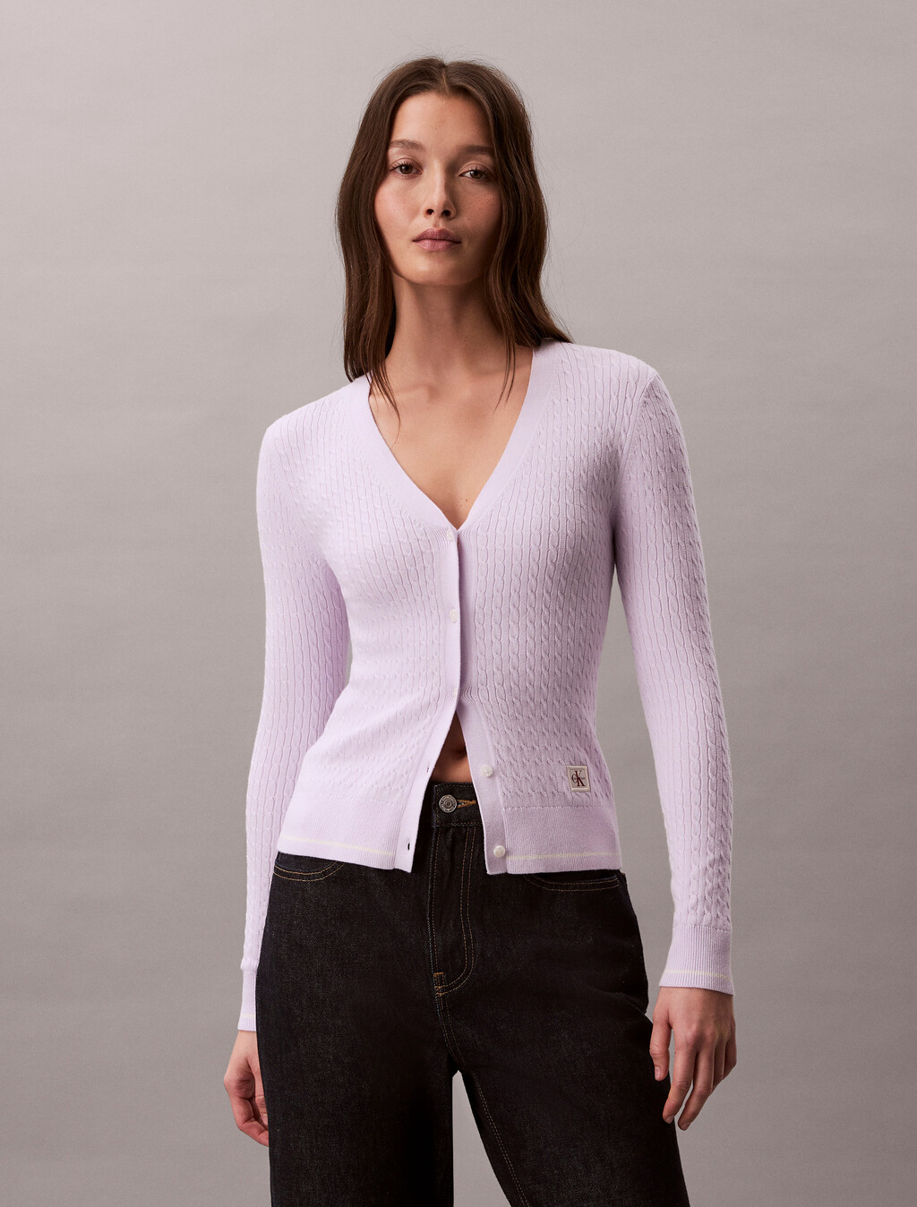 Slim Cable Knit Cardigan, Island Lilac, hi-res
