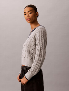 Cable Knit V-Neck Sweater, B10 Grey Heather, hi-res