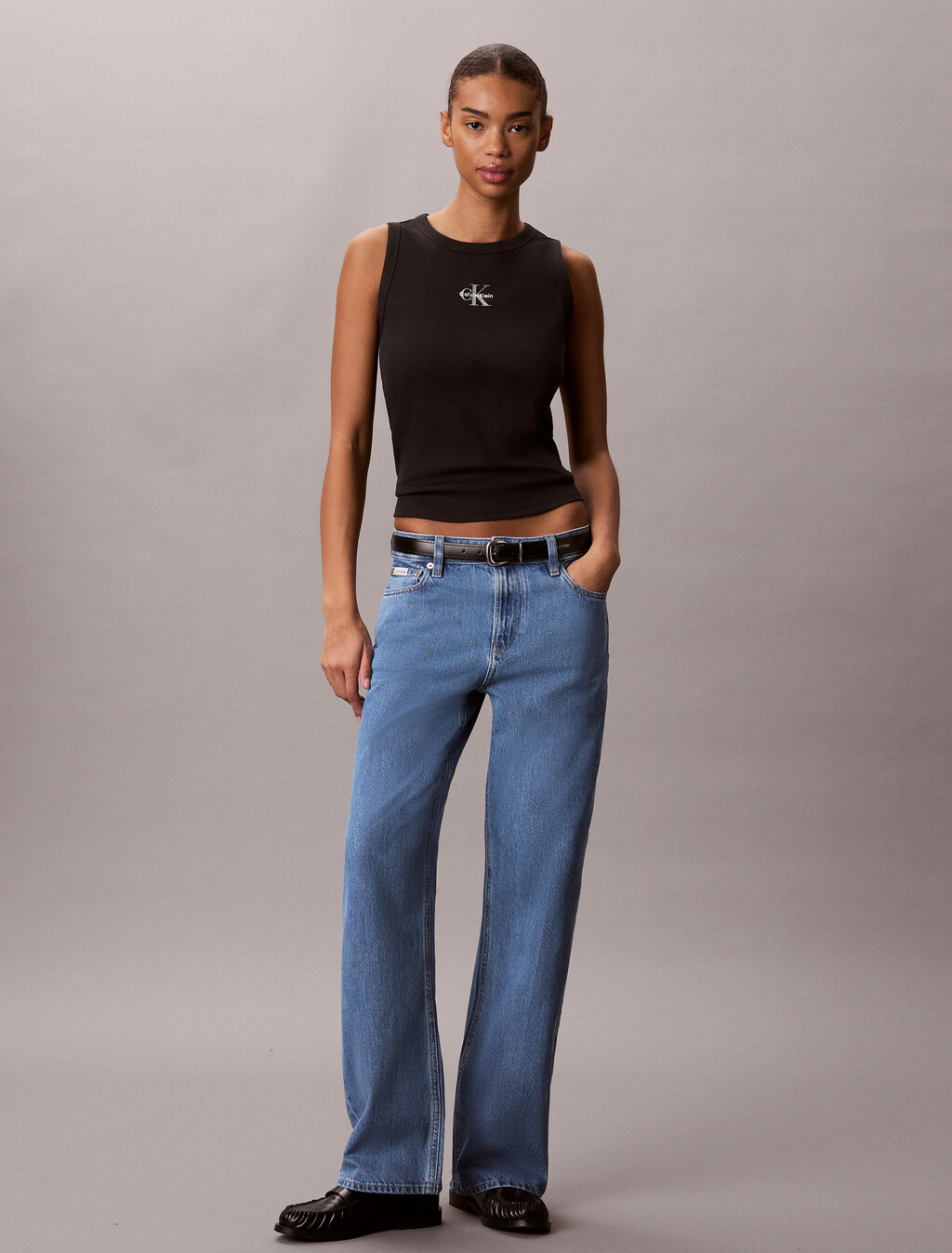 Rib Knit Monogram Tank Top, Black, hi-res