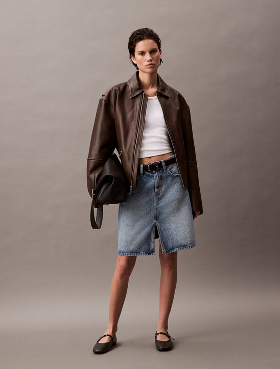 Front Slit Midi Denim Skirt