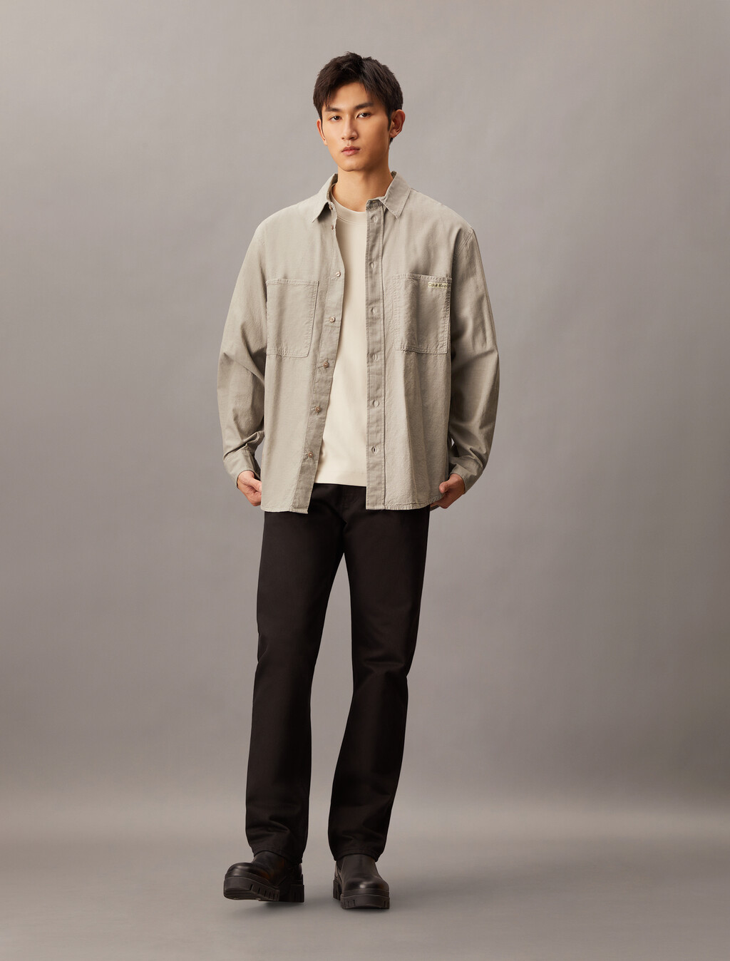 Relaxed Cotton Chambray Shirt, Taupe Gray, hi-res