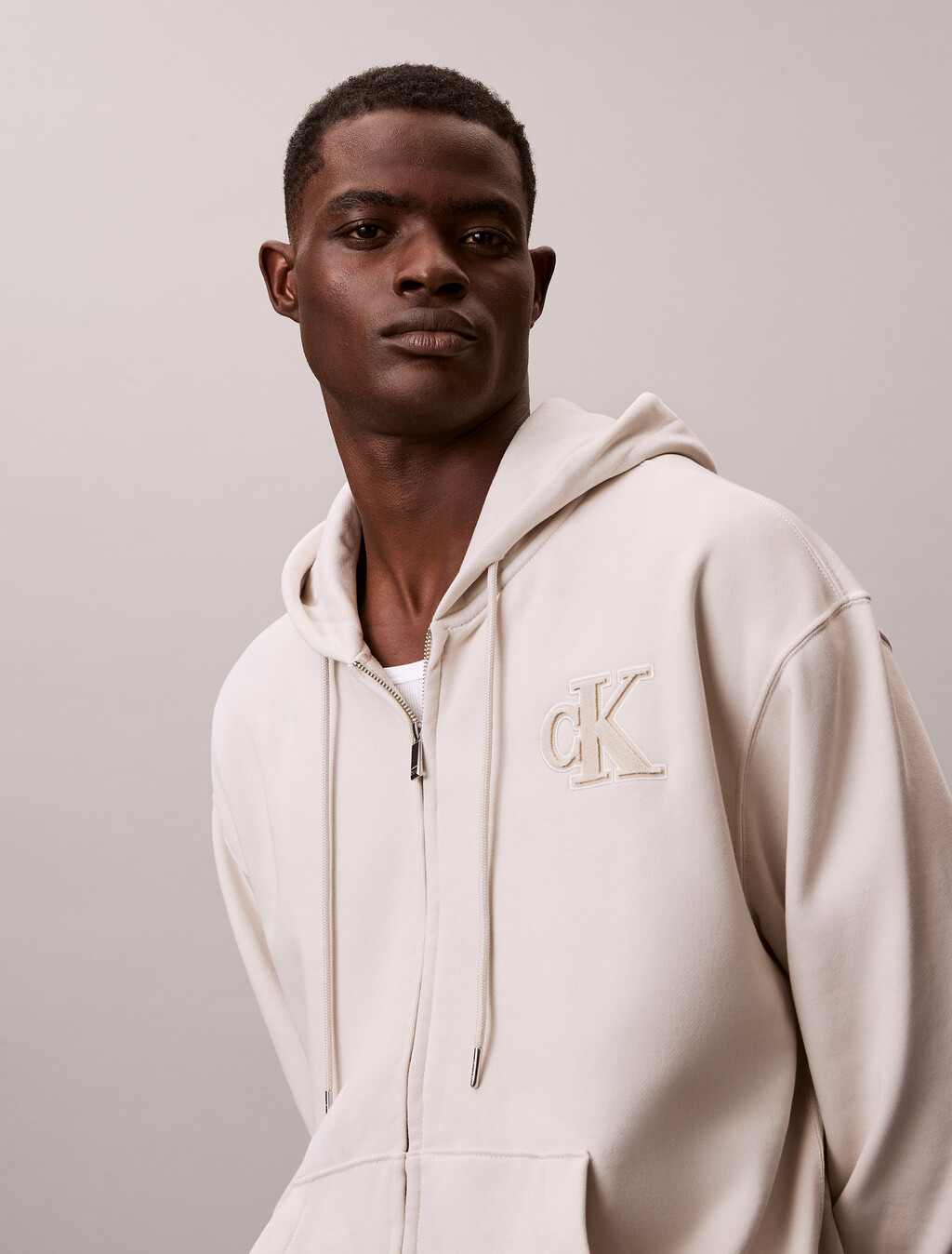 Velvet Monogram Zip Thru Hoodie, Chalk, hi-res