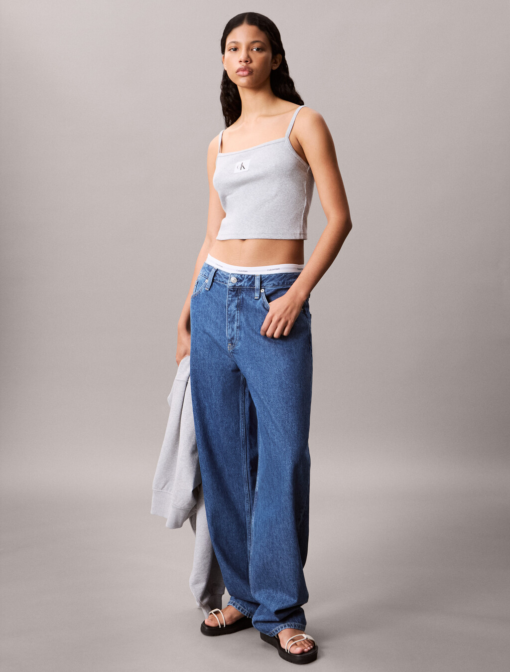 Woven CK Monogram Label Rib Knit Camisole, BC06 Grey Heather, hi-res