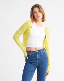 Smooth Cotton Rib Cardigan, GREEN SHEEN, hi-res