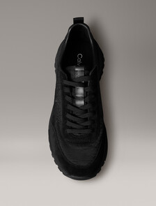 Suede and Emblem Logo Nylon Trainers, Triple Black, hi-res