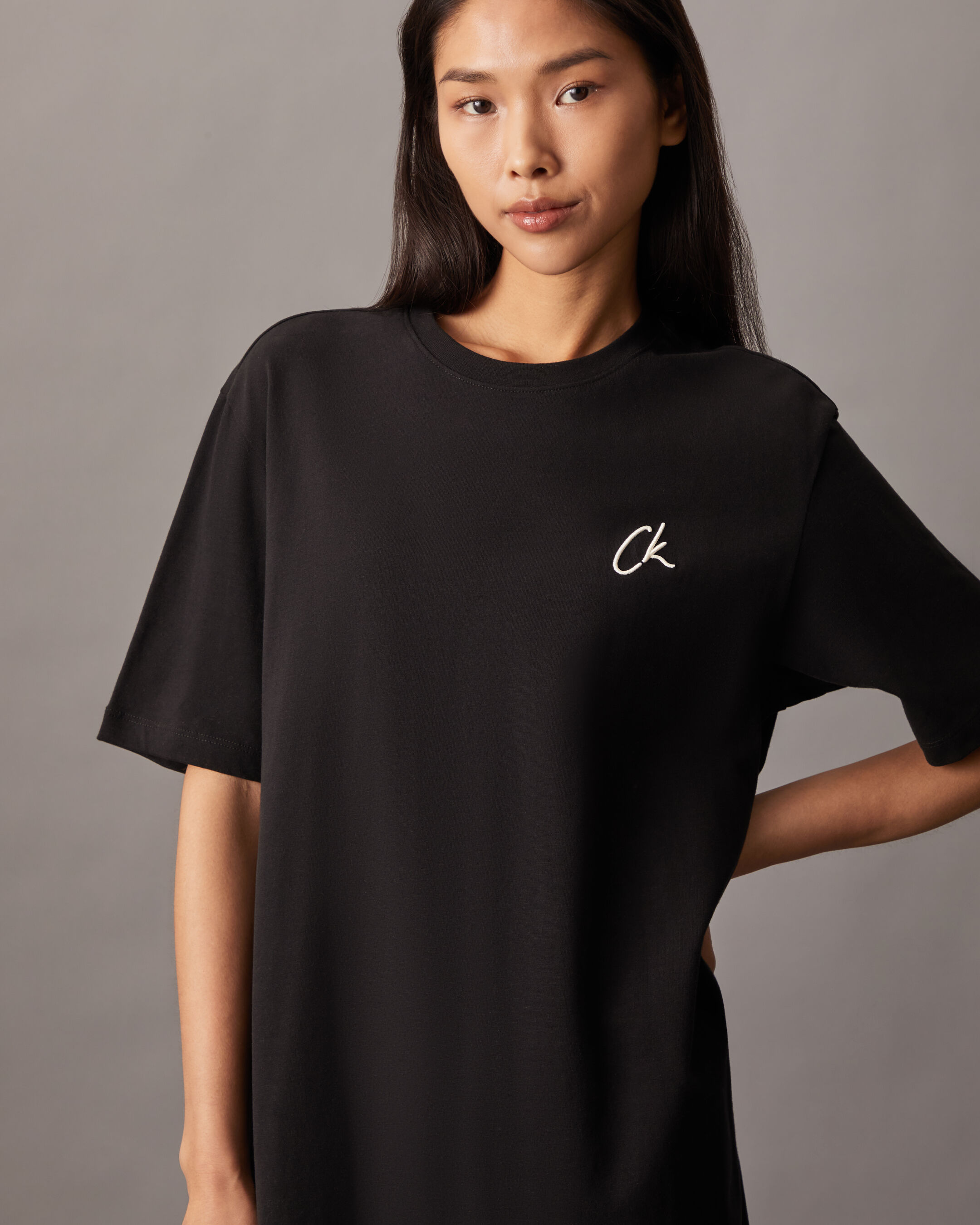 CK Embroidery Long T-Shirt Dress | black | Calvin Klein Singapore