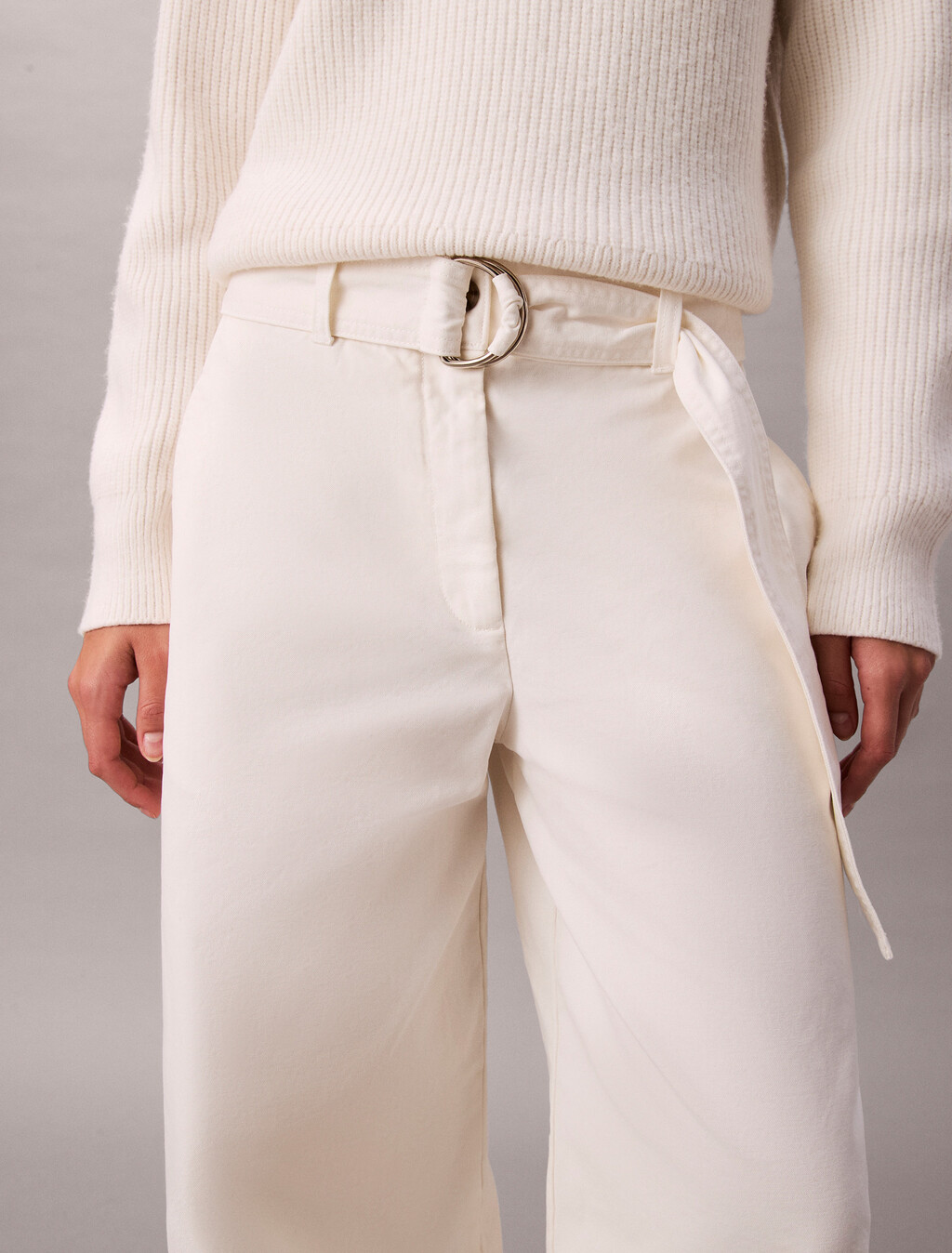 Cotton Relaxed Belted Pants, White Greige, hi-res
