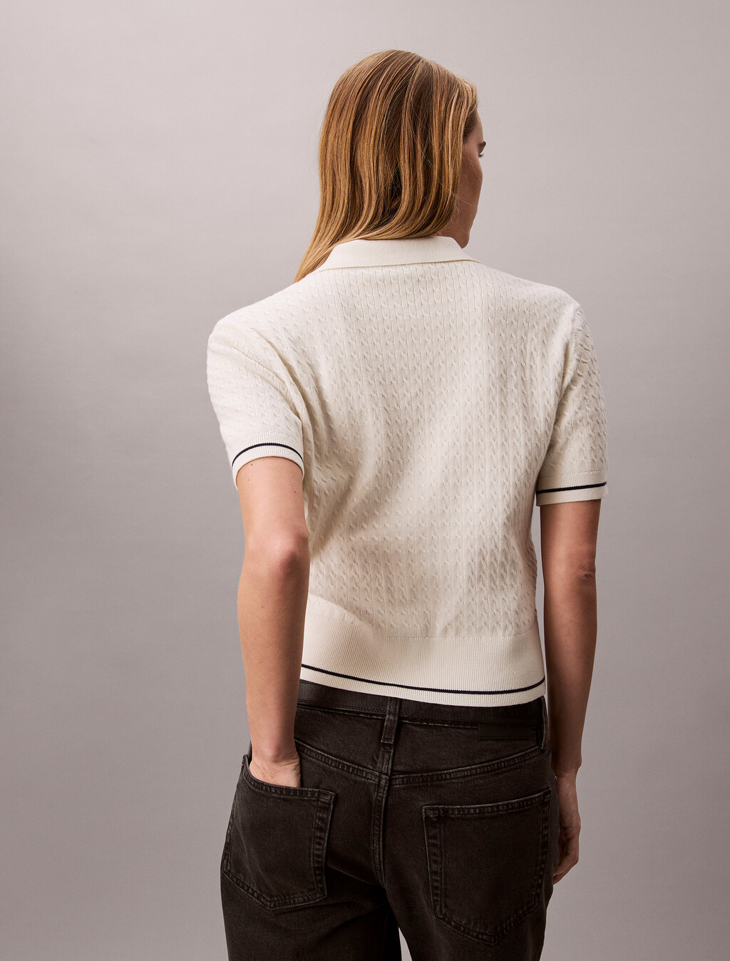 Cable Knit Short Sleeve Jumper, Tofu, hi-res
