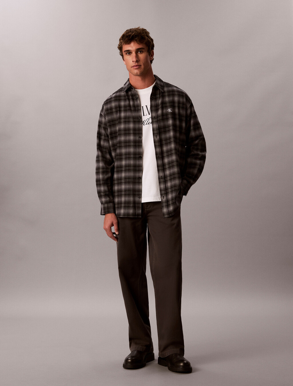 Oversized Plaid Shirt, Black, hi-res