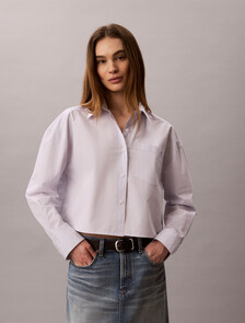 Cropped Cotton Poplin Stripe Shirt, MINI FIFTY STRIPE COSMIC SKY BRILLIANT WHITE, hi-res