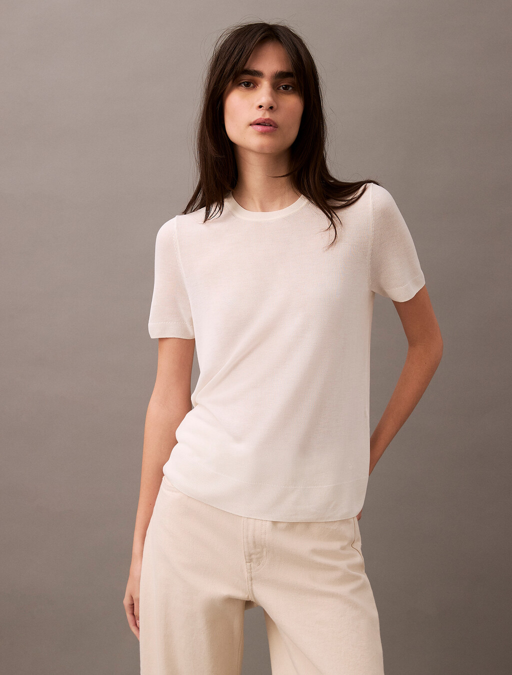 Fine Gauge Viscose Short Sleeve Sweater, Vanilla Ice, hi-res