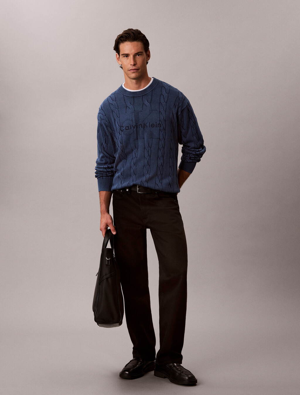 Garment-Dyed Cable Knit Sweater, Pageant Blue, hi-res