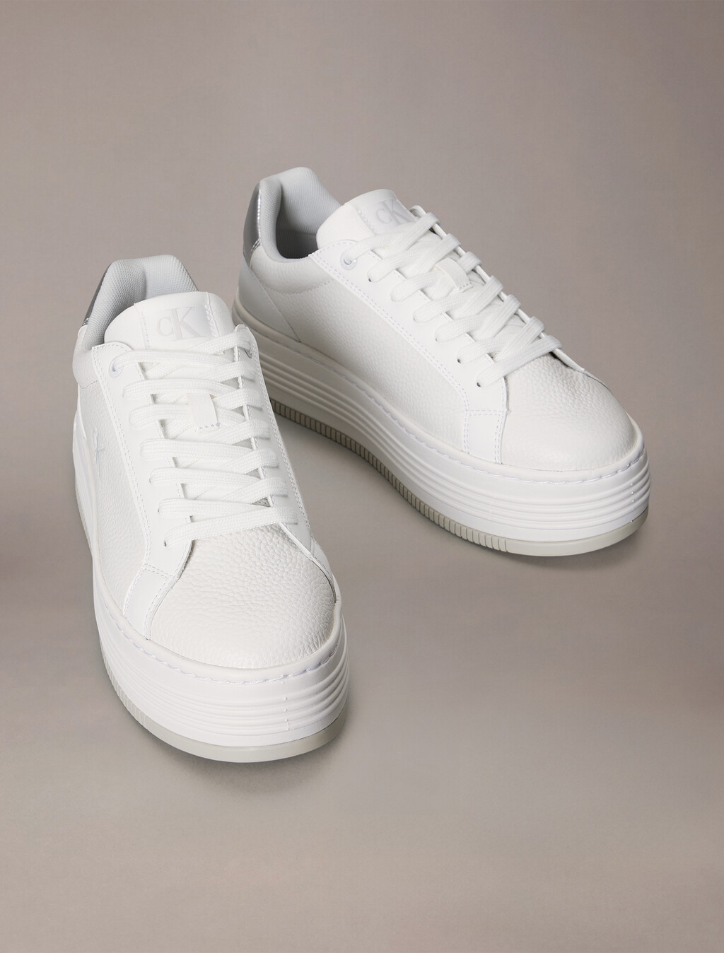 Leather Platform Trainers, Bright White/Silver, hi-res