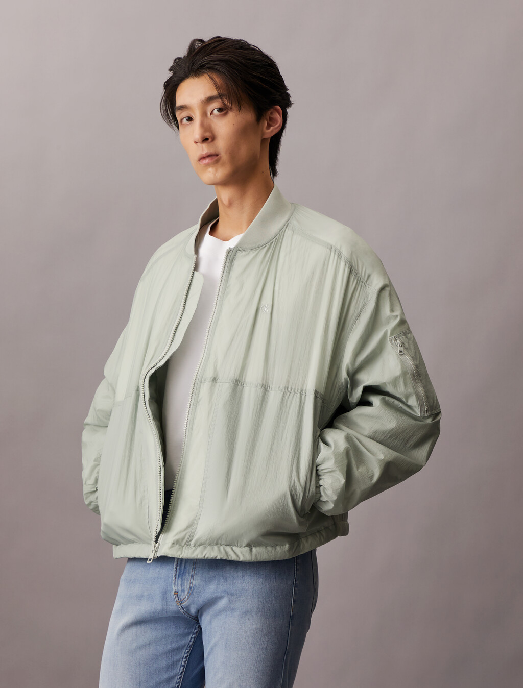 Lightweight Nylon Relaxed Bomber Jacket, Slate Gray, hi-res