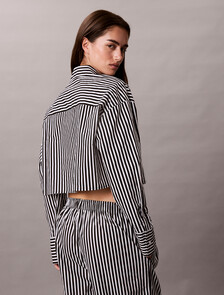 Cropped Cotton Poplin Pyjama Top, PENNY STRIPE+Black, hi-res