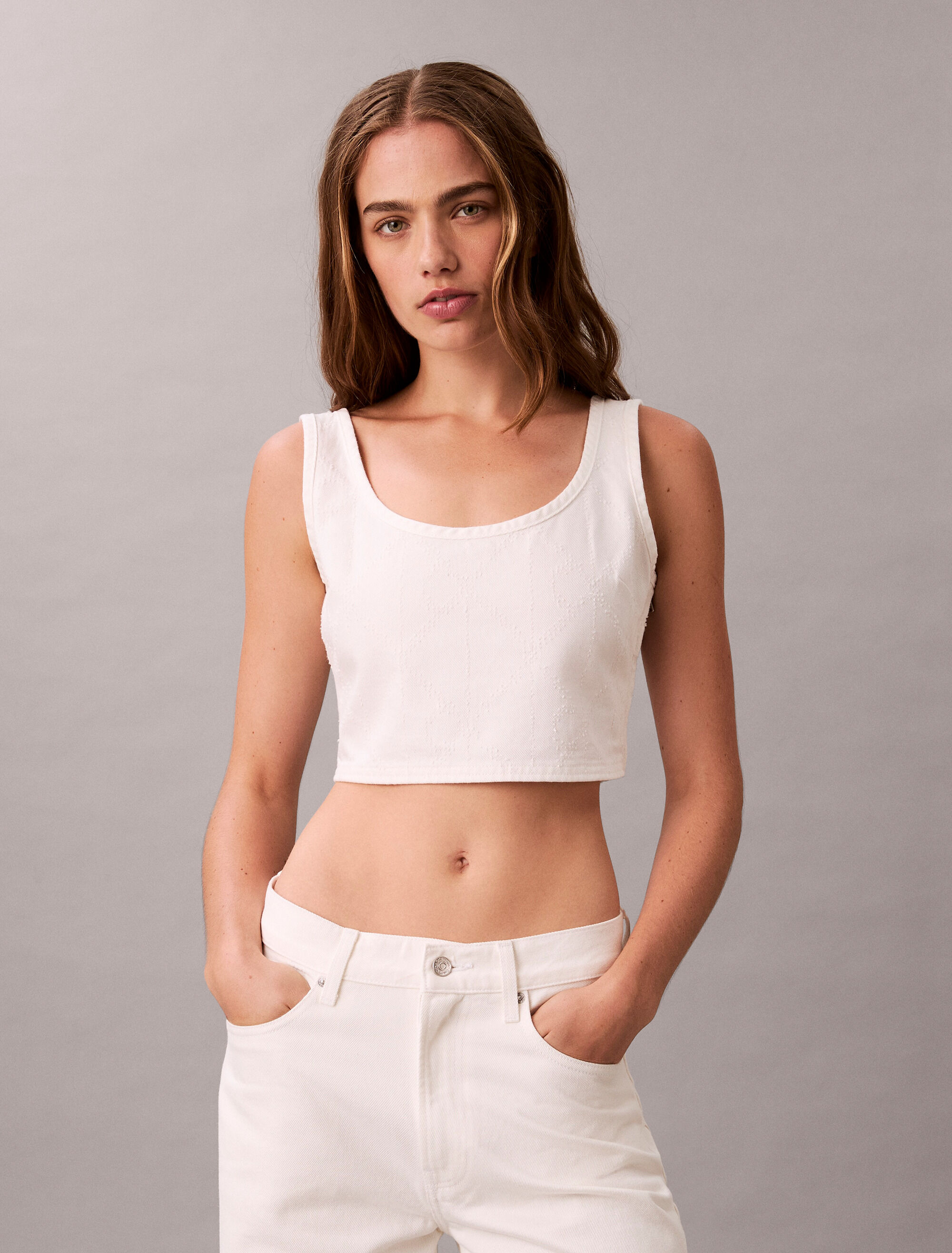 Denim Allover Monogram Cropped Tank Top | natural | Calvin Klein