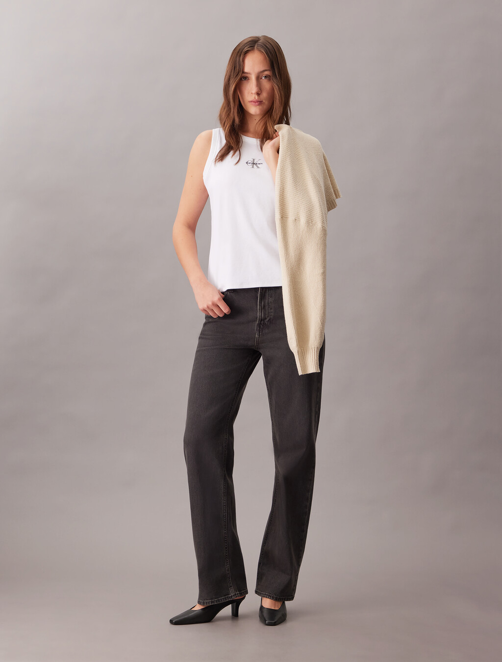 Rib Knit Monogram Tank Top, Bright White, hi-res
