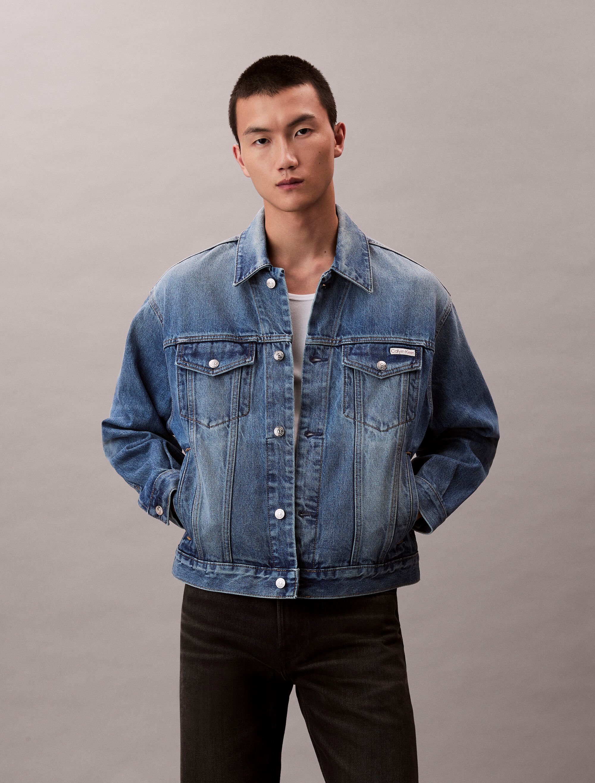90s Indigo Citrine Denim Trucker Jacket | blue | Calvin Klein