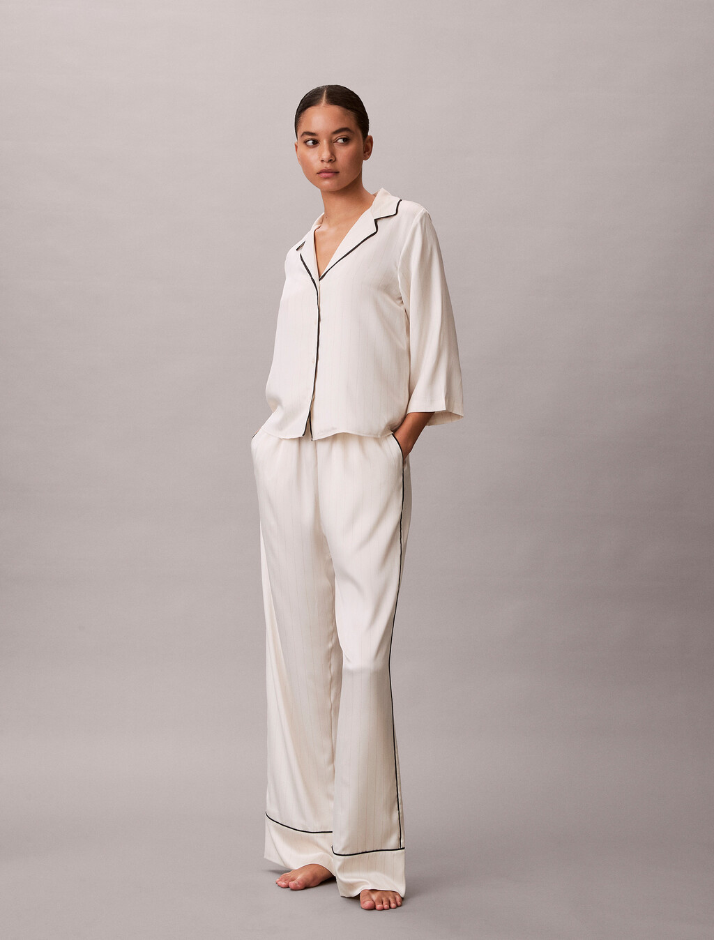 Satin Sheen Pant, DOTTED LOGO PINSTRIPE IVORY, hi-res