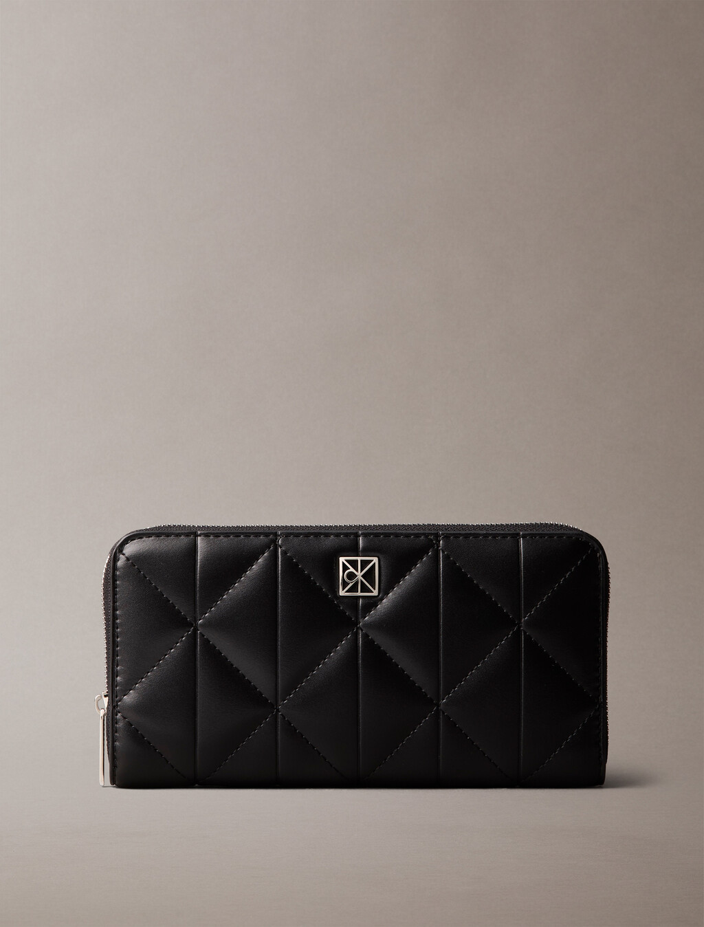 Quilted Emblem Long Zip Around Wallet, Black, hi-res