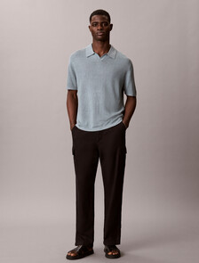 Linen Blend Open Collar Polo Shirt, Frosted Spruce, hi-res