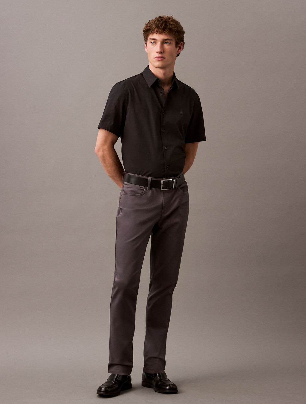 Stretch Cotton Slim Shirt, Black, hi-res