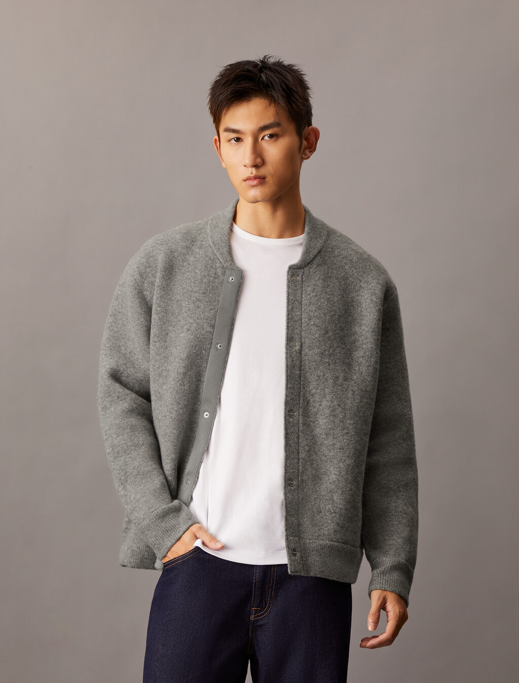Boiled Wool Blend Snap Bomber, Medium Grey htr, hi-res