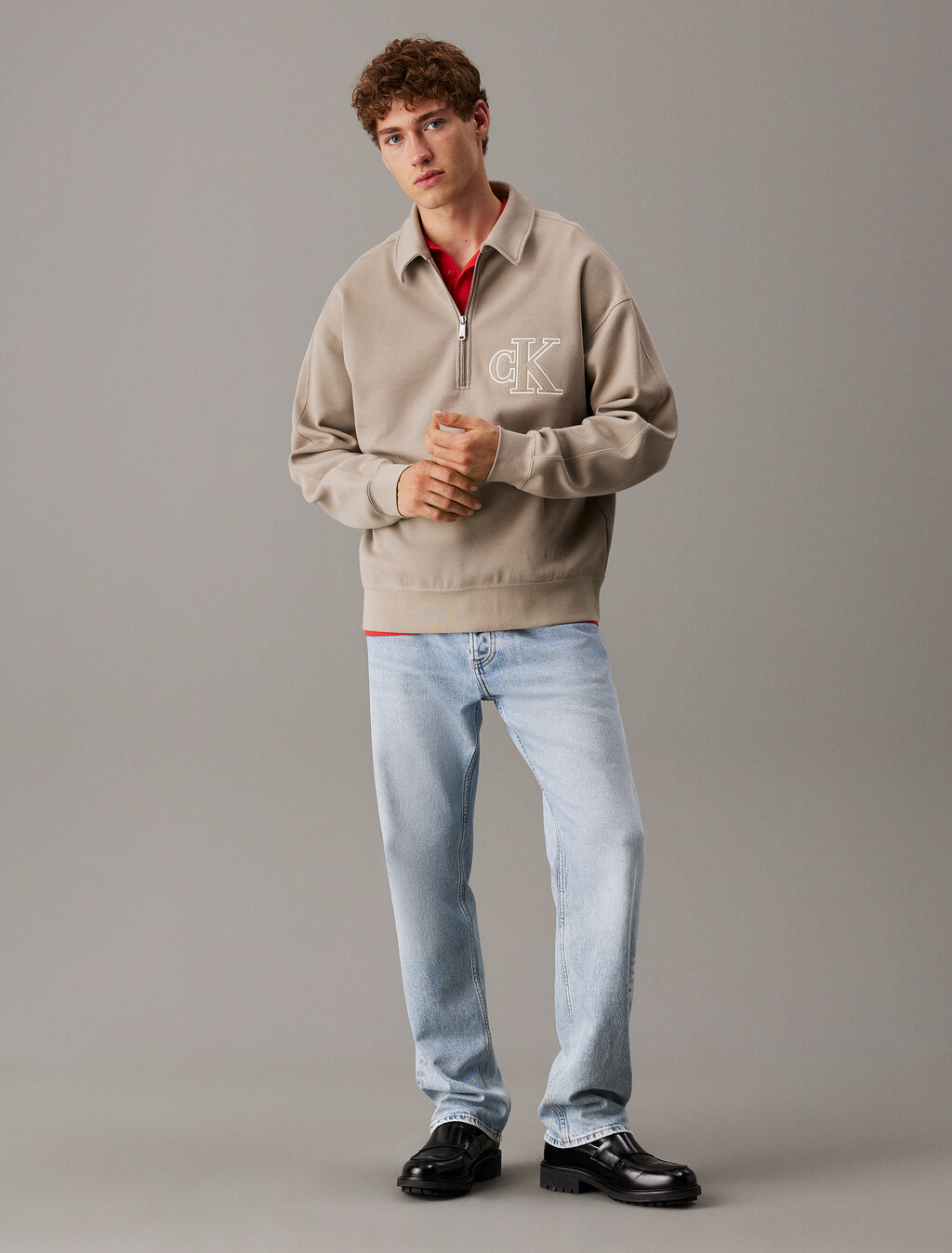 Rib Knit Logo Applique Zip Polo, Vintage Khaki, hi-res