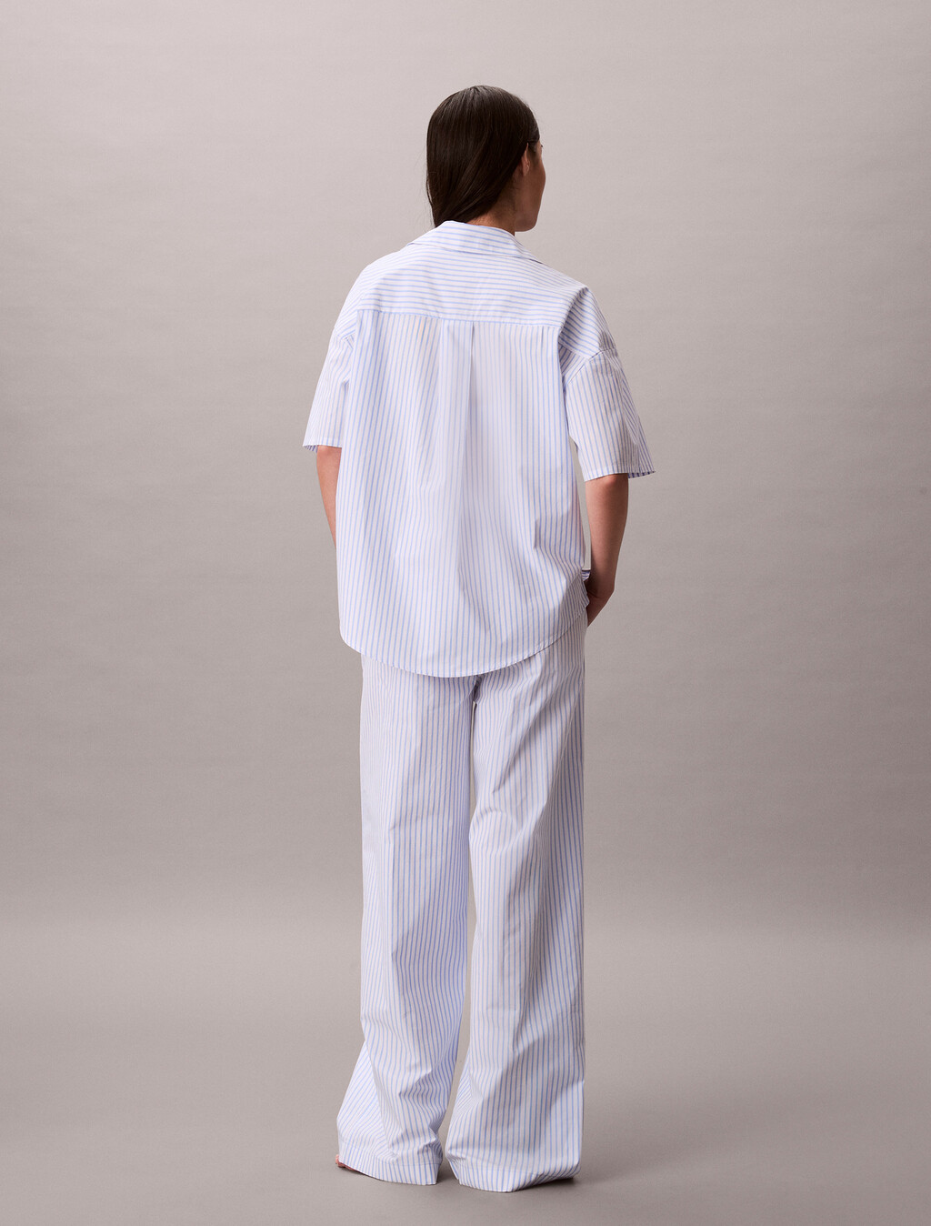 Cotton Poplin Pyjama Button-Down Shirt, SERA STRIPE BLUE DESCENT, hi-res