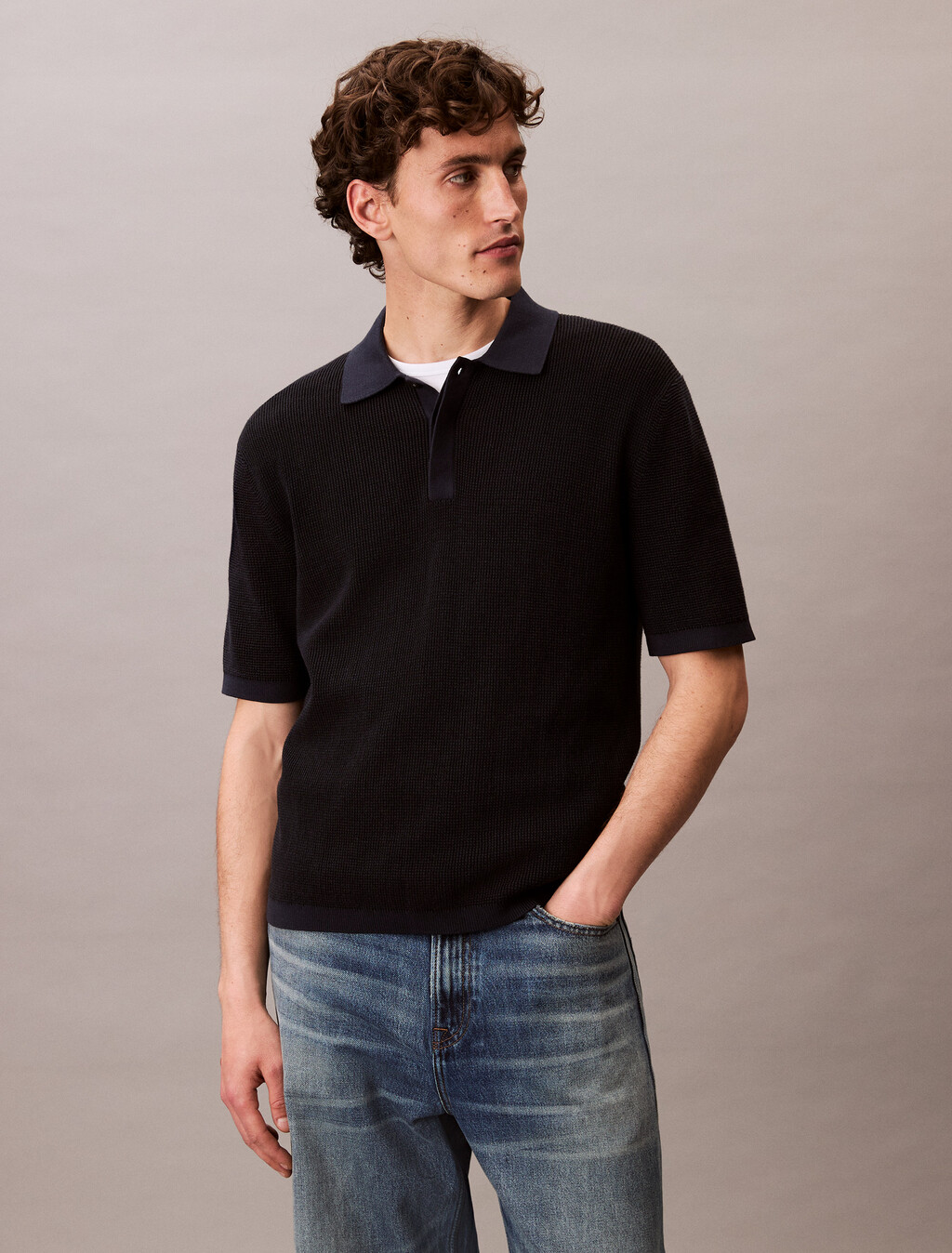 Smooth Cotton Waffle-Knit Monogram Logo Polo Shirt, Dark Sapphire, hi-res