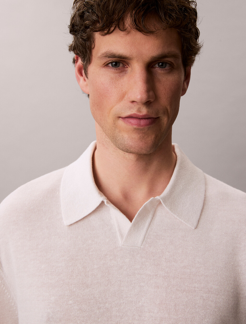 Linen Blend Open Collar Polo Shirt, White Sand, hi-res