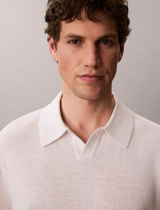 Linen Blend Open Collar Polo Shirt, White Sand, hi-res