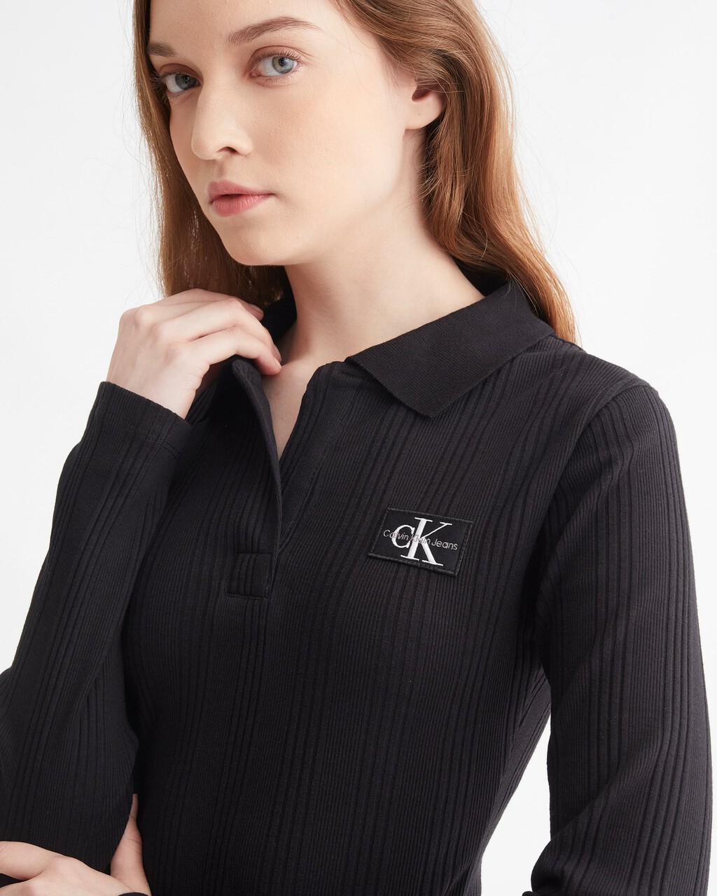 RIB-KNIT LONG SLEEVE POLO DRESS, Ck Black, hi-res